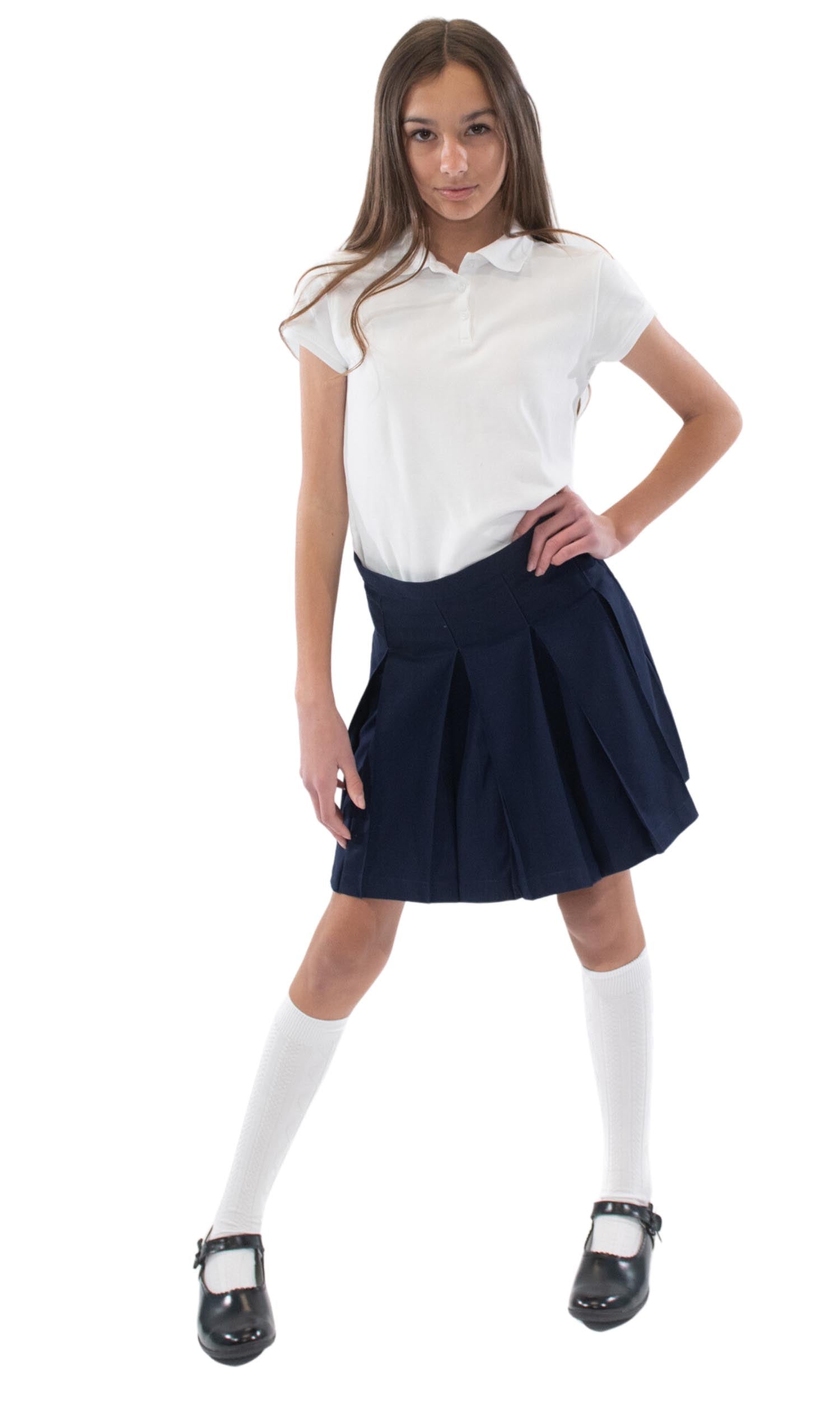 School Uniform Girls Solid Color Box Pleat Skirt Top of the Knee